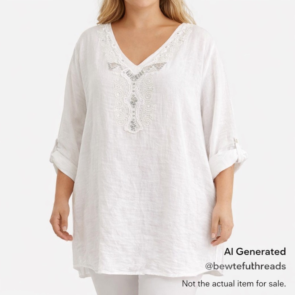 Plus Size 1X Italian Linen White Boho Tunic Resort Top